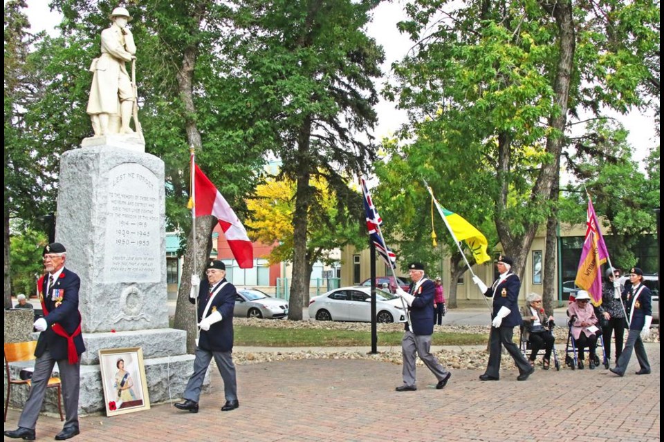The Weyburn Legion's Colour Guard marched into place at the cenotaph, for the memorial ceremony on Monday to remember Queen Elizabeth II.