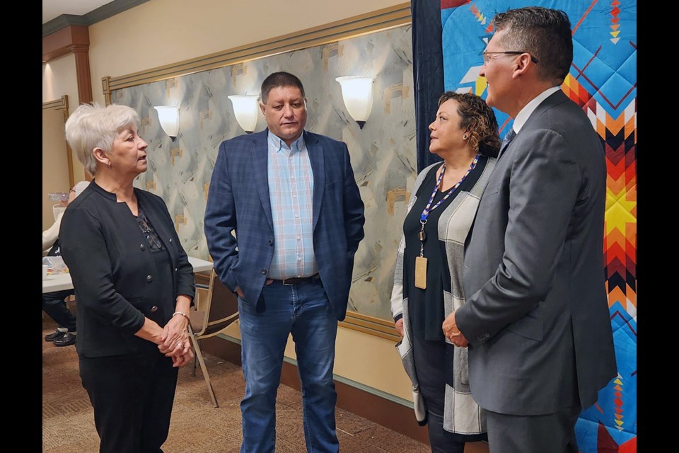 Saskatoon Tribal Council Mark Arcand, second left, meets with Saskatchewan Indian Gaming Association Vice President of Corporate Affairs Pat Cook, left, SIGA Corporate Social Responsibility Director Lillian Denton and SIGA President and Chief Executive Officer Zane Hansen.