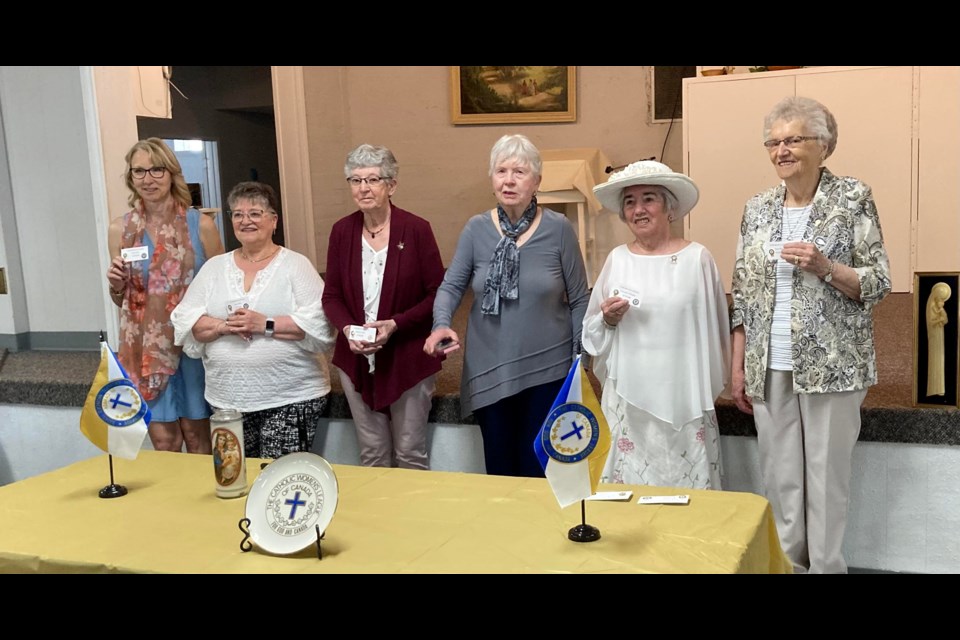 Milestone years of service pins were presented to Wilkie CWL members. In the Photo below, Tish Ulrich 30 years., Helen Miller 50, Elizabeth Herle 50, Lois Weber receiving for her granddaughter Rebbeca Cey 15, Genevieve Wangler 65 and Lucie Rohs 70.