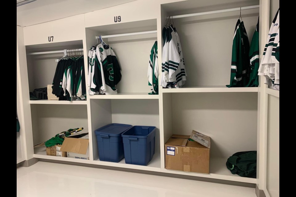 A new equipment room in the SaskCan Community Centre mezzanine is now a reality through a partnership with Wilkie MInor Hockey and donations from two businessess ,
