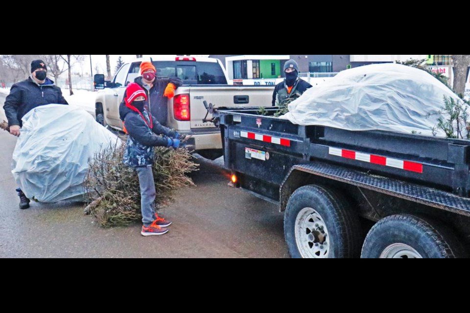 Young Fellows members will be out to pick up Christmas trees on Jan. 15; they are shown doing the pickup in 2021 on Fifth Street.