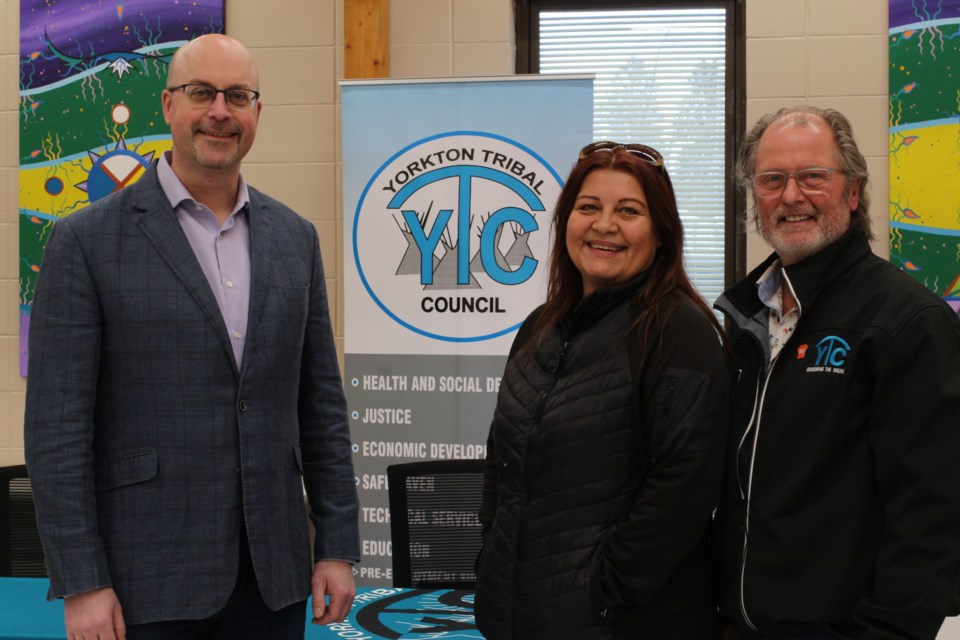 From left to right, Trevor Acoose, Director of Operations with YTC, Isabel O'Soup YTC Tribal Chief, Mayor of Yorkton, Mitch Hippsley and Terry Tyson, Chair of the Capital Comittee for the Yorkton Brick Mill Heritiage Society.