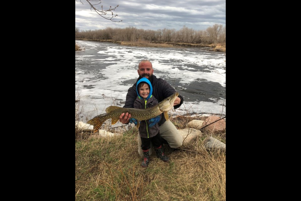 Brendon Skibinsky and his four-year-old son Kolson showed their excitement after catching a 37-inch pike at the Canora Dam on May 7. Brendon said they found a good fishing spot where there were a number of different types of fish to learn about.