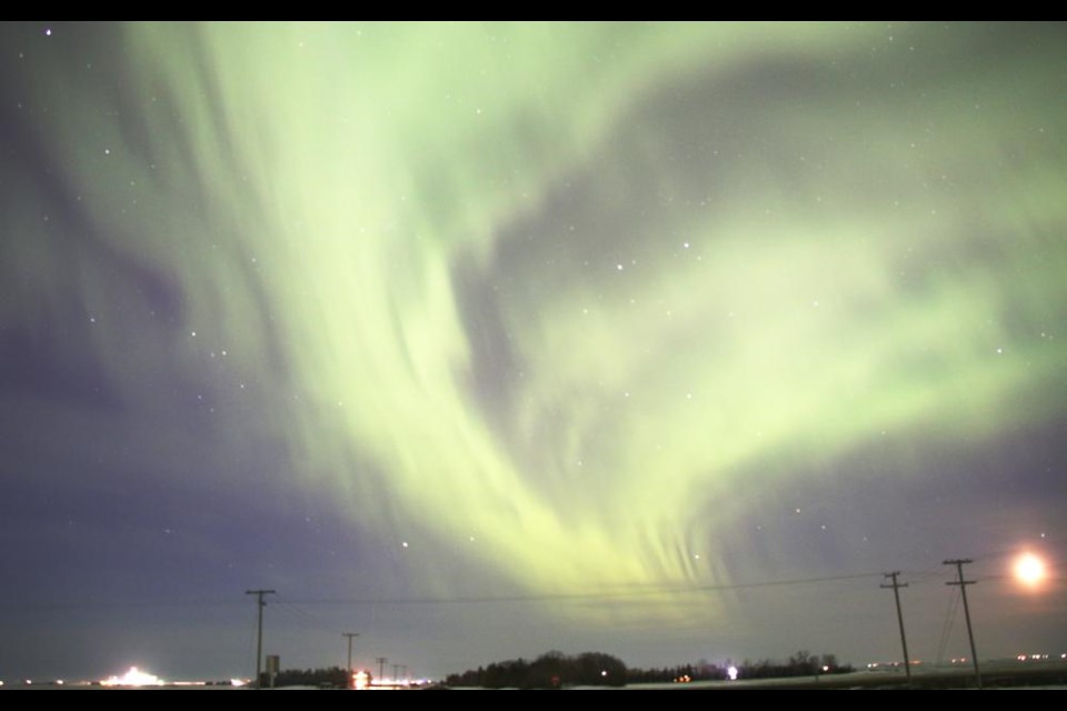The Northern Lights were dancing brightly over Weyburn on Sunday night, with this view looking to the west.