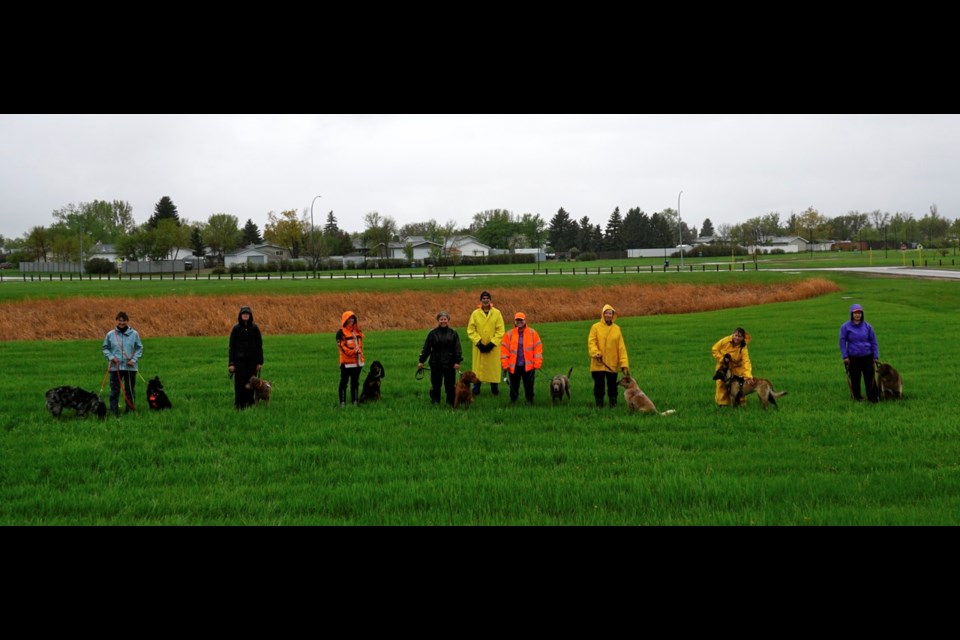 SARSAV K9 unit partook in training in Estevan in last weekend of May. From left, Katia Bigney, SESKSAR chapter, intermediate K9 handler; Raelene Peet, Wood River SAR, intermediate K9 handler; Kathy Gollings, Meadow Lake SAR, intermediate K9 handler; Teri Lynn Van Parys, Parkland SAR, novice K9 handler; Dan Vas, instructor; Teresa Nahachewsky, Regina SAR, intermediate K9 handler; Louise Yates, Regina SAR, novice K9 handler; Laura Garvey, SESKSAR, novice K9 handler; and Leanne Strokov, SESKSAR, intermediate K9 handler.