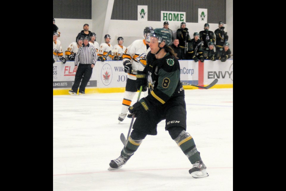 Brock Harrison of the Wilkie Outlaws, shown here in a January 2023 game against the Biggar Nationals, was Top Scorer in the SWHL and named the league’s Most Valuable Player. Photo by Helena Long