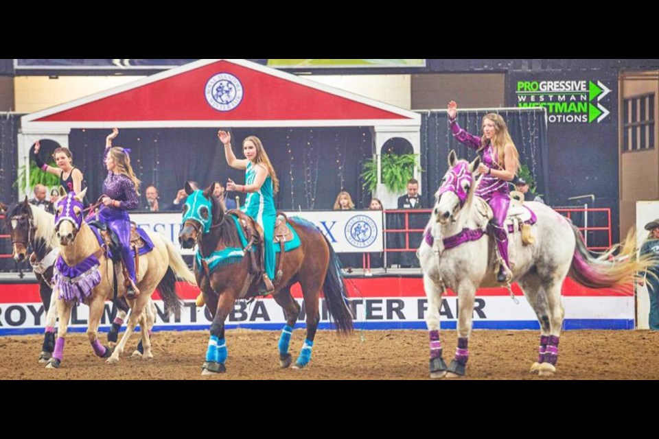 The Truco Trick Riders gathered on the arena floor at the Royal Manitoba Winter Fair. They included Kyla Dyer of Oxbow, Shayda King of Corning, Charlize Hallberg of Weyburn and Jordanna White of Carnduff. A fifth member, Bailey Steves, was not able to be with the girls this time.