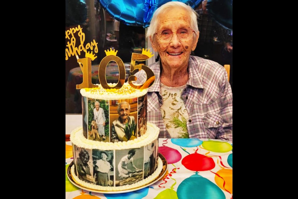 Edith Bernard's birthday cake featured photos from her life, as she celebrated 105 years. The cake was made by granddaughter Melanie Moss.