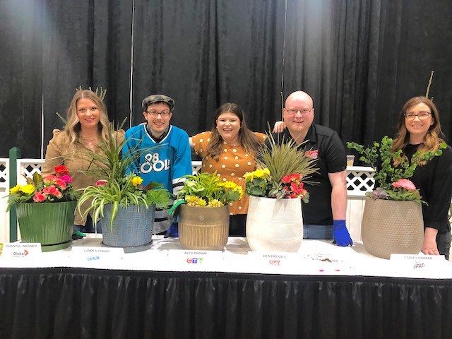 Five media personalities, including Chantal Wagner, left, of Global News, and formerly of Unity, created these plant pot arrangements in a friendly competition at Gardenscape in Saskatoon, March 25. Wagner competed alongside Landen Young, 98Cool; Alex Brown, CTV; Ben Brooks, CJWW; and Stacey Cooper, 96.3 Cruz FM.