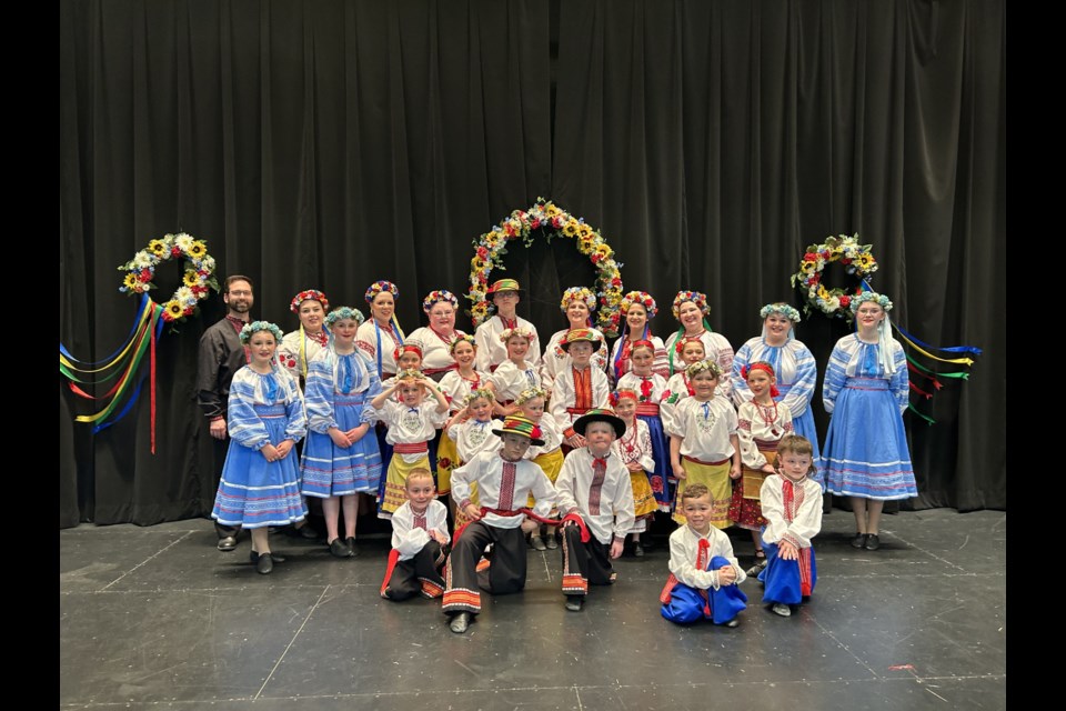 Members of the Barveenok Ukrainian Dance Club who gave performances in their annual spring concert held in Sturgis, from left, were: (back row) Eric Sliva, instructor, Kaeley Rioch, Jerilyn Radawetz, Brandi Arneson, Nathan Anaka, Sandra Johnson, Amanda Kowalcuk, Tara Romanchuk, Amber MacDonald and Graison Belesky; (third row) Eva Romanchuk, Allie Babiuk, Emily Belesky, Maycee Johnson, Lindy Romanchuk, Oliver Anaka, Karlie MacDonald and Lily Beatty; (second row) Georgia van Nieuwenhuyze, Stetson Checkowy, Everleigh Anaka, Sophia Storoschuk, Hazely Preston and Josie Moekerk; and, (front) Nicholas Chalupiak, Blake Beatty, Will Prestie, Chance Will and Avery Storoschuk.