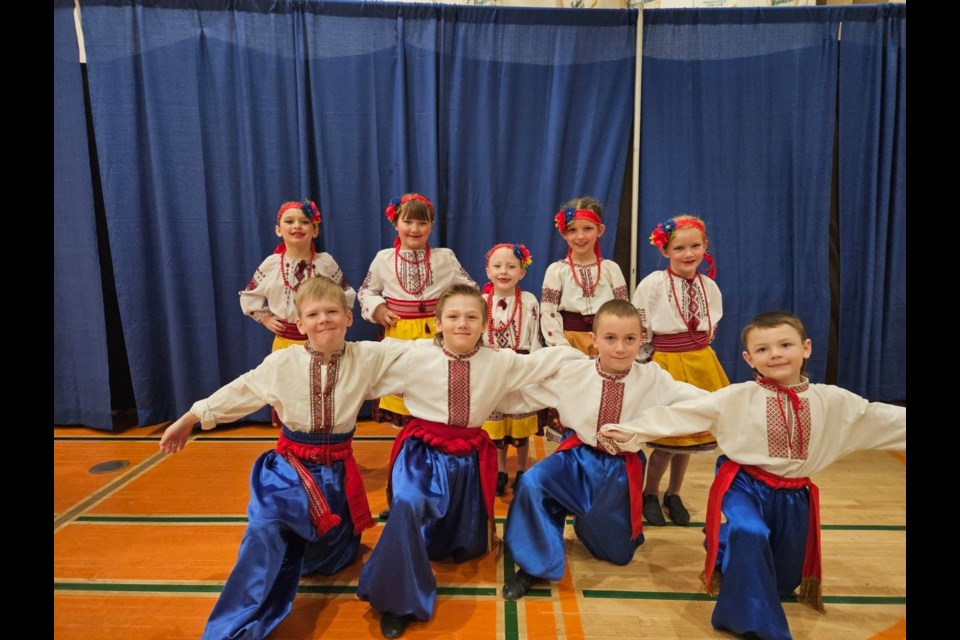 Ukrainian Dancers from Sturgis who received high recommendations and medals while competing in Yorkton, from left, were: (back row) Brinley Robinson, Hazely Preston. Sophia Storoschuk, Josie Moekerk and Georgia van Niewenhuyze; and; (front) Will Prestie, Blake Beatty, Nicholas Chalupiak and Avery Storoschuk.