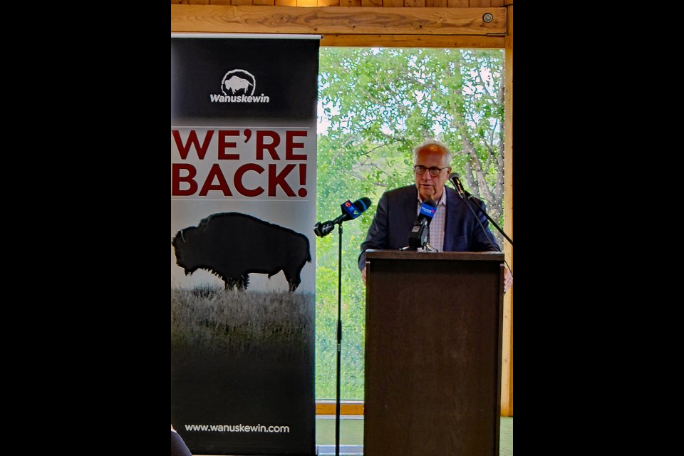 Dr. Ernie Walker, Wanuskewin Heritage Park's chief archaeologist, speaks during Monday's 30th-anniversary celebration of the cultural site. 