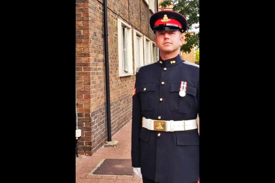 Erich Streberg, a 2008 UCHS graduate, is now serving in the Queen's Guard as part of a 150th anniversary commemoration of the Royal Artillery A and B Batteries.