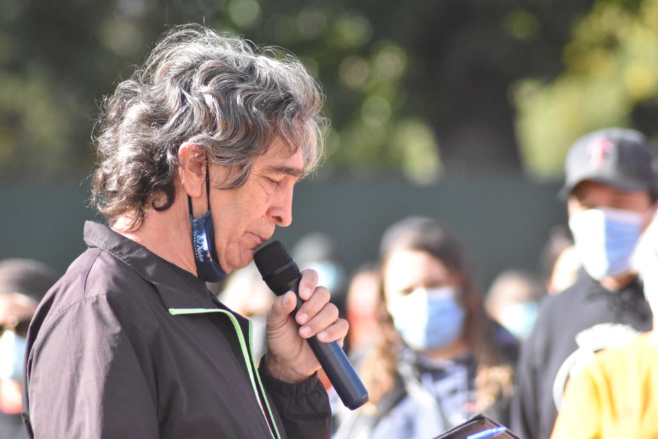 Brian Gallagher pauses as he fights back the tears when he addressed the crowd gathered Sunday morning at Joe Gallagher Field for Megan's Walk.