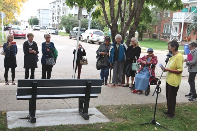 Dianne Sander, board representative for the Weyburn Public Library (far right), provides details of the passion of Isabelle Butters and the dedication to local libraries that she had given at the local, provincial and national level. The Library dedicated a bench in honour of Butters, during a ceremony on September 12.