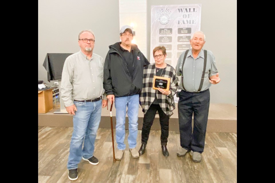 Lynn Trobert, third from right, was joined by Les McLenehan, Dennis Trobert and Norman Trobert after being inducted into the Estevan Motor Speedway Wall of Fame last November. 