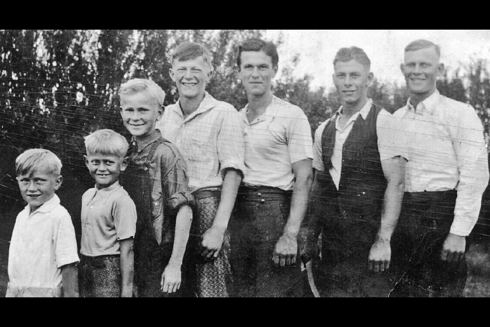 These are all seven of the Mitchell brothers, from smallest to oldest, a span of about 12 years between them. From left they are Clary, Grant, Don, Jim, Rex, Orm and Bruce. Of the group, Rex was the only brother not to return from war, as he died when his plane was shot down during a bombing raid over Hamburg, Germany, in 1944.