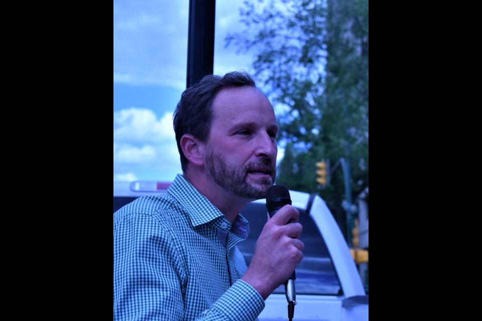 Sask-NDP leader Ryan Meili speaks during last year's demonstration organized by the Canadian Union of Public Employees in the City.