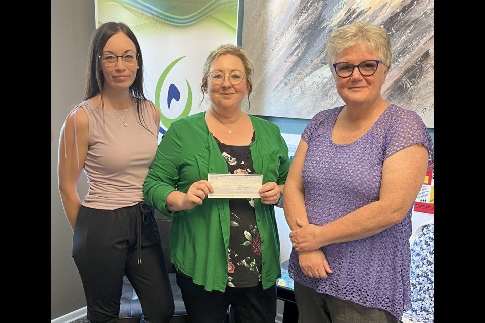 The Weyburn Rotary Club donated to support Envision Counselling and Support Centre. From left are Raven Daer and Jalene Roberts, Envision, and Rotarian Sara Irwin.