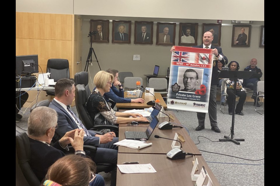 Craig Bird (at far right), curator and president of the South Sask. Military Museum, attended the Weyburn City Council meeting held on May 9.