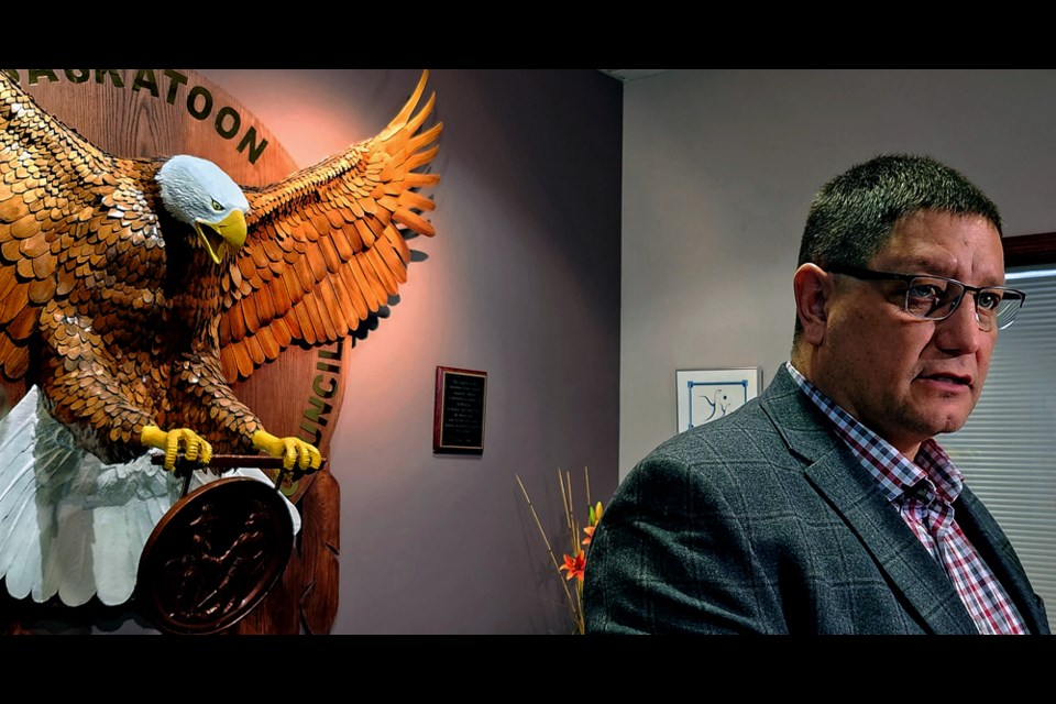 Saskatoon Tribal Council Chief Mark Arcand answers questions from reporters in a media briefing on Tuesday, Jan. 24, at the STC office.