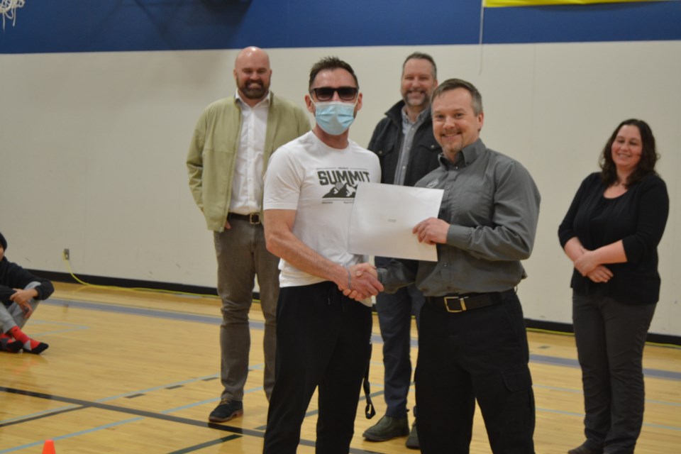 Cary Franklin received a 10-years of service appreciation from the Preeceville School and GSSD. In attendance and making the presentation from left, were: Shaune Beatty,  Franklin, Superintendent, Quintin Robertson, Director of Education, Chris Balyski, Board member and Amanda Balyski, SCC member.