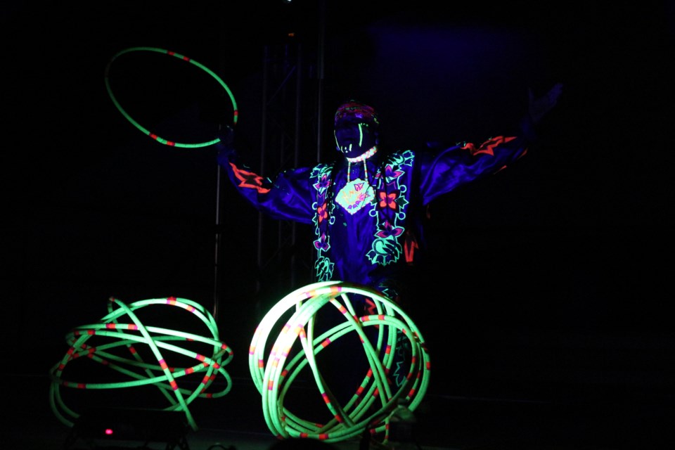 Terrance Littletent has been hoop dancing for 33 years.  Pictured here with the 17 hoops he uses to symbolize the 17 weeks it takes a fully matured eagle to leave its nest.