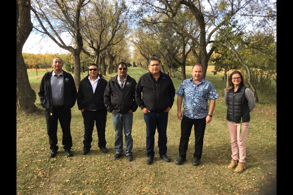 Seen at The Ridge, left to right, are Jason Stone (Employment and Training), Henry Netmaker (maintenance keeper), Milton Oxebin (land manager), Grant Beaudry (CEO of MGBHLM Economic Development), Chris Odishaw (board of directors) and Jenni Wuttunee (Marketing, Communication and Sales).