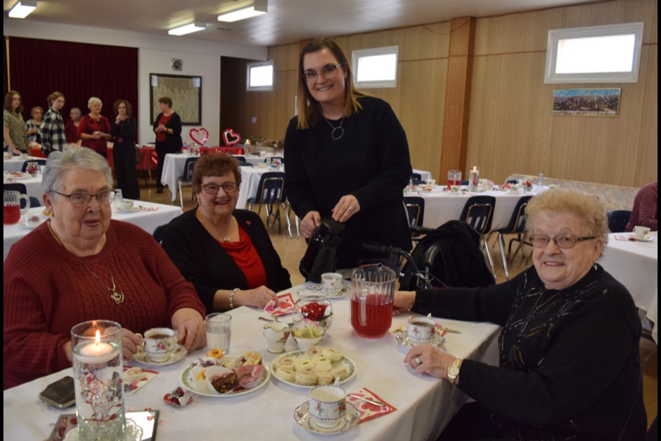This group was one of the first to take advantage of the tasty treats and fellowship at the Canora St. Joseph’s Church Valentine’s Day Tea and Bake Sale on Feb 11. Kelly Srelioff poured coffee for, from left: (seated) Marge Shewchuk and Nettie Okrainetz of Canora, and former Canora resident Evelyn Kuruliak of Yorkton, who was back in town catching up with long-time friends.