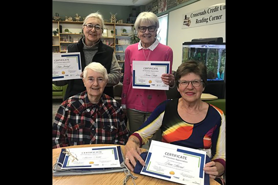 Among the much-appreciated volunteers at the Canora Public Library, from left, are: (standing) Helga Zbeetneff and Norma Hudye; and (seated) Sharon Noble and Irene Skurat.