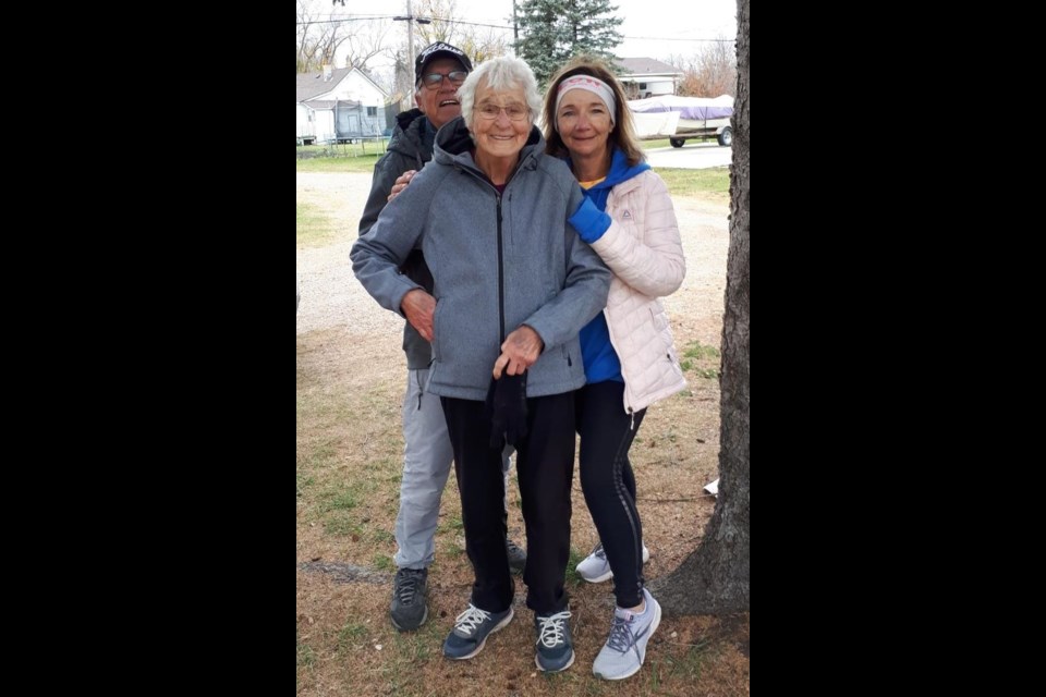 Robert Waselenko, left, joined his mother, Margaret, and friend, Darlene Miller, right, on a challenge his mother set to walk to a neighbouring town to celebrate her birthday.
