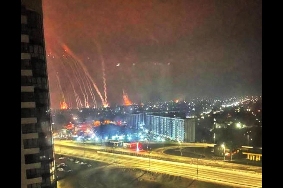 Rocket trails over Kyiv can be seen from this apartment building