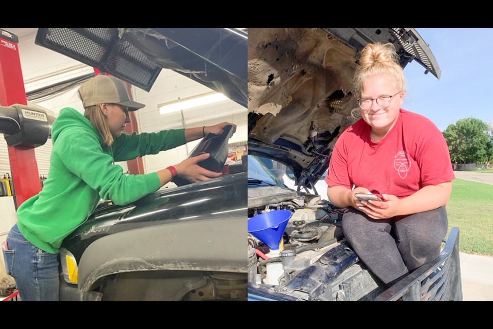 Katrina Zinchuk, right photo, is currently driving a pipeline Dodge truck that is a big work-in-progress project. Jessica Haygarth, left photo, has a sincere interest in restoring vehicles and hopes to one day run her own shop and old vehicle restoration place.
