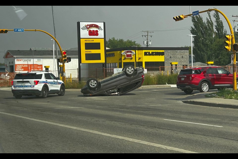 A collision on the intersection of Broad Street and First Avenue left one vehicle flipped on it's hood.