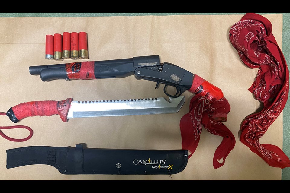 RCMP seized a loaded sawed-off shotgun, machete, seven individual bags of crack cocaine hidden in a plastic egg container, approximately seven grams of crack cocaine wrapped in foil, approximately 11 grams of marijuana, and a sum of cash.