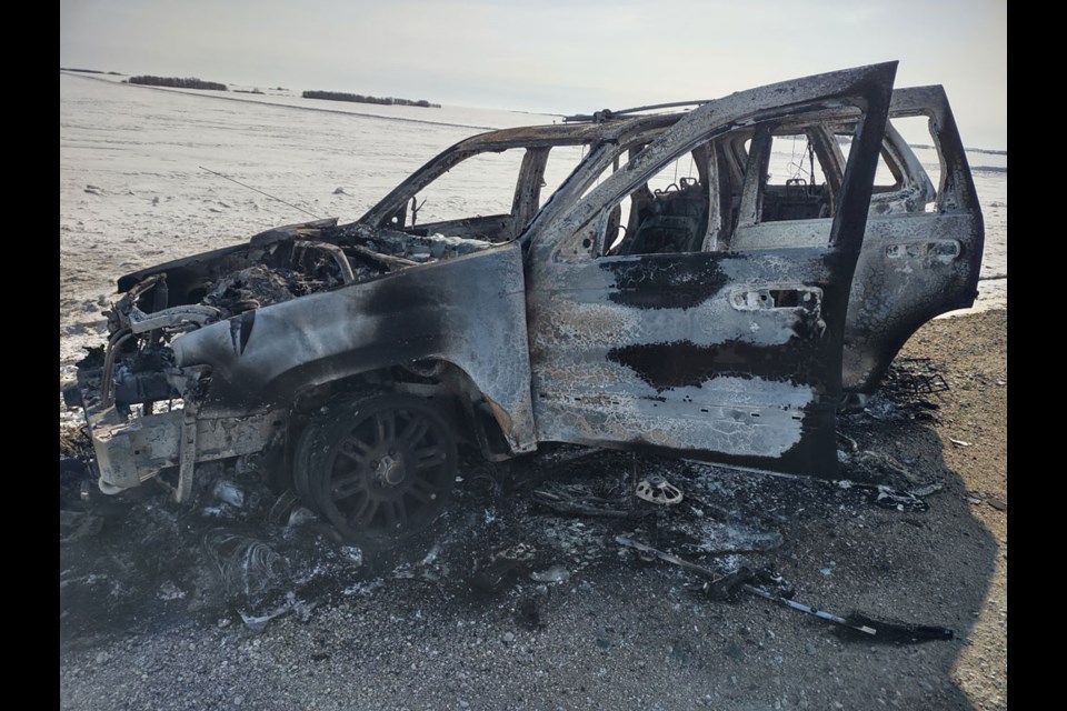 A vehicle reported stolen was later located north of Phippen, burned.