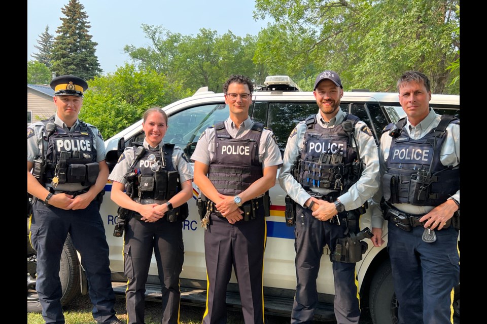 From left, Const. Kelton Coates, Const. Avery South, Staff Sgt. Michael Shortland, Const. Doug Pilgrim, and Cpl. James Barnett from the Carlyle RCMP detachment. 