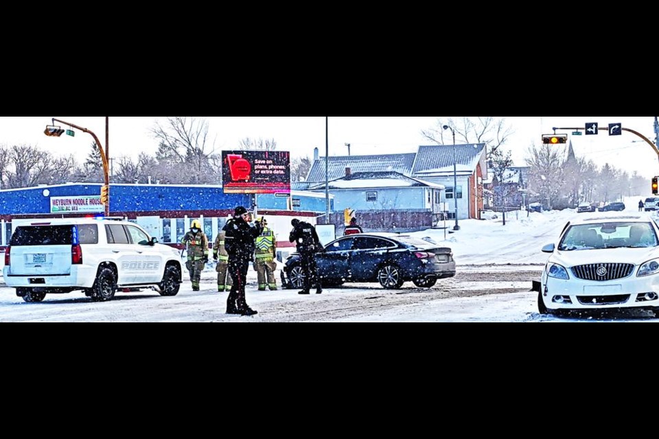FIre and police were on the scene of this collision in Weyburn at Highway 39 and Third Street, about mid-afternoon on Friday