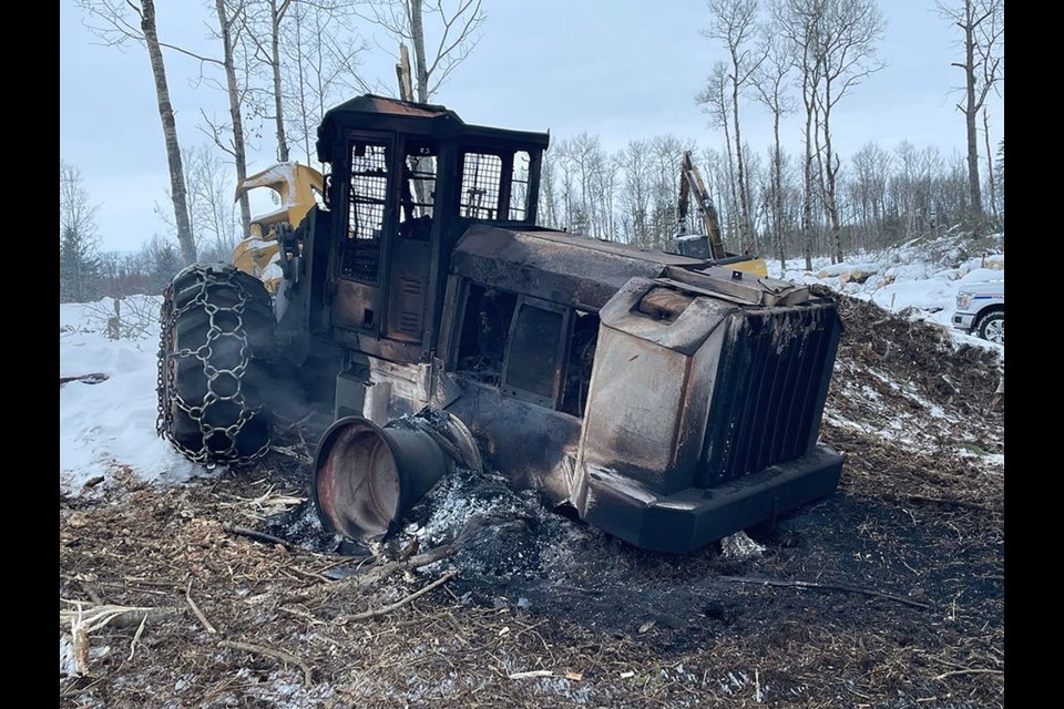 Two pieces of logging equipment, a processor and a wheel buncher, were set on fire. The estimated damage was around $200,000.