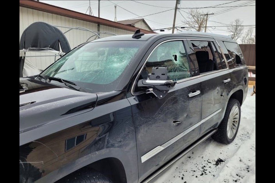Considerable damage to a 2018 Black Cadillac Escalade parked behind a business in Ogema during the overnight hours of March 13. 