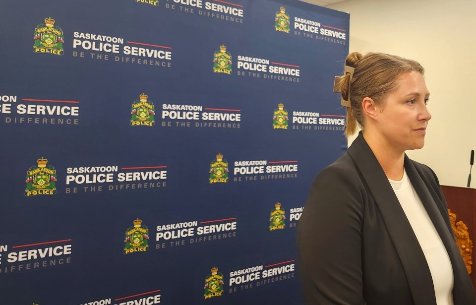 Saskatoon Police Service Spokesperson Kelsie Fraser provides an update to local journalists of Tuesday morning's, July 9, vehicle chase.