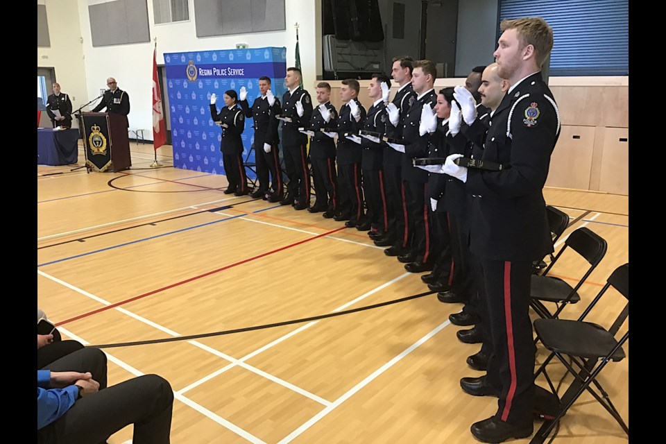 The 12 new recruits for Regina Police Service are sworn in.