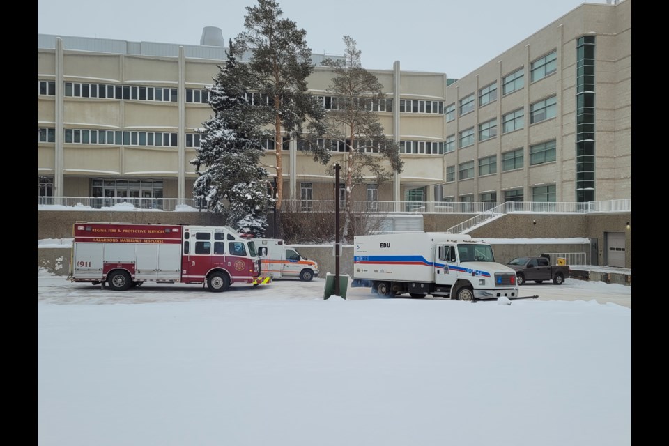 Regina police, fire and EMS are all on scene at the Research & Innovation Centre to handle dangerous chemicals found in the lab.