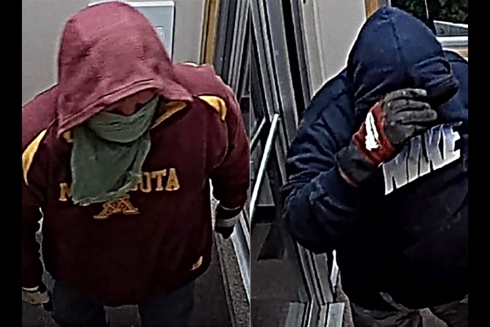 The first suspect was wearing a maroon-coloured hoodie with yellow lettering, blue jeans, work boots and had a mask covering their face, and appears to have a tattoo on their wrist/forearm.