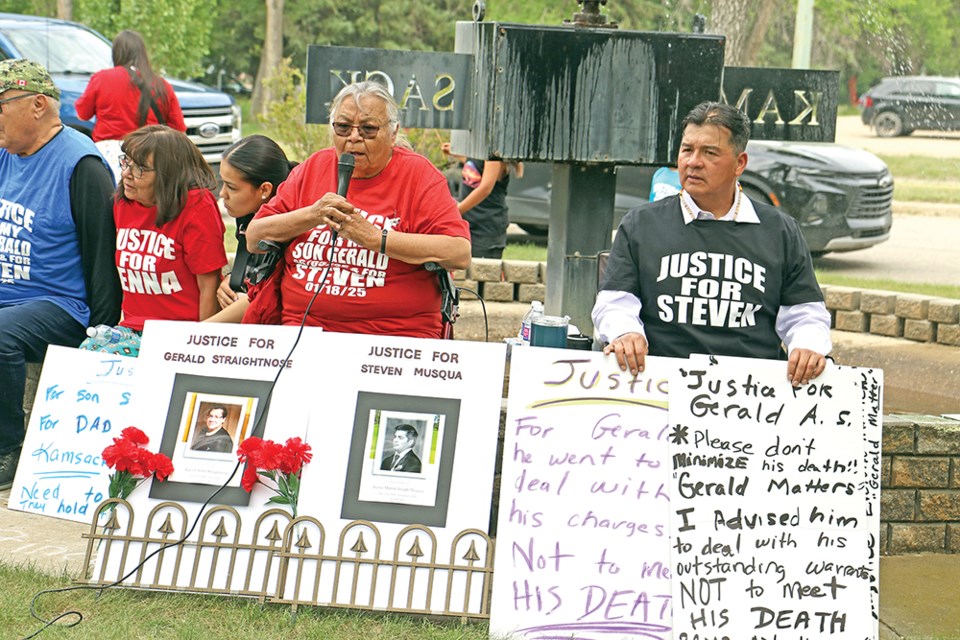 Seraphine Straightnose, mother of Gerald Straightnose, speaks about her son’s death at a press conference held July 11. To the right is Chief Bobby Cameron of the Federation of Sovereign Indigenous Nations.