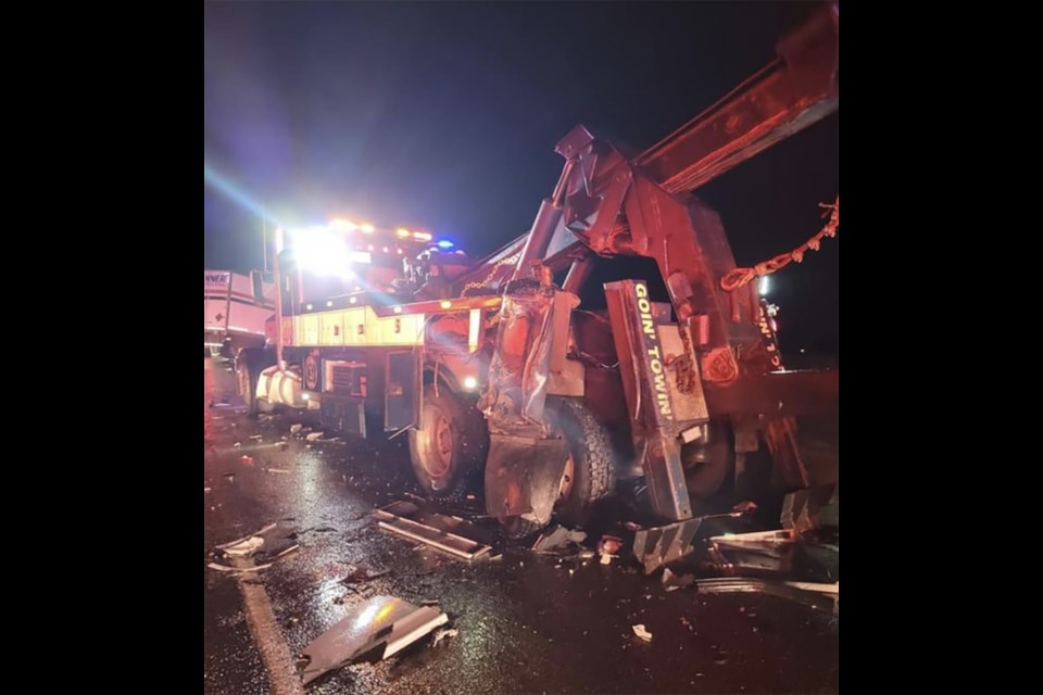 A tow truck heavy wrecker was assisting a semi in the ditch that needed a winch out service when another semi struck the tow truck Tuesday night near Swift Current. 