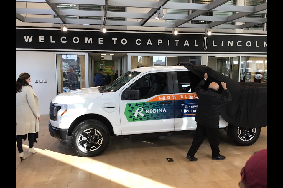 The unveiling of a new Ford F-150 Lightning electric vehicle for the city of Regina.