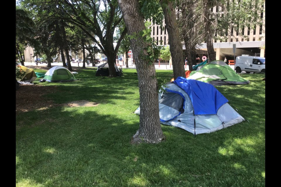 This was the scene in front of Regina City Hall earlier this summer where a homeless encampment has set up. The number of tents has since grown in number.