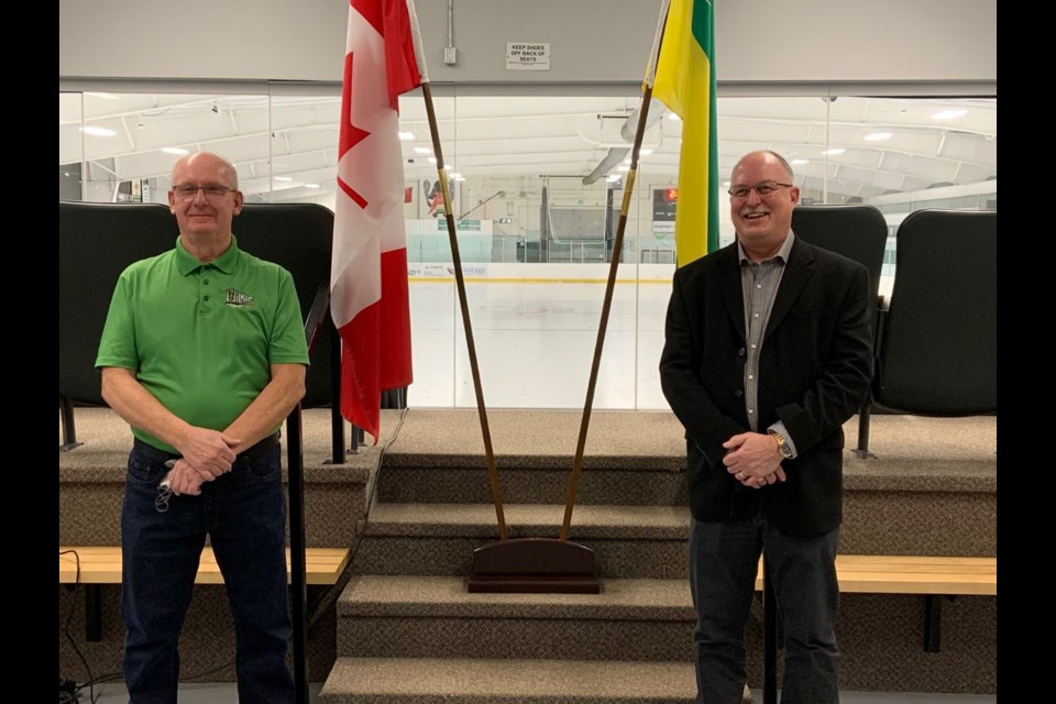 Mayor David Ziegler and Cut Knife-Turtleford MLA, Ryan Domotor, were on hand for the completion announcement of the solar panel project at the SaskCan Community Centre in Wilkie.