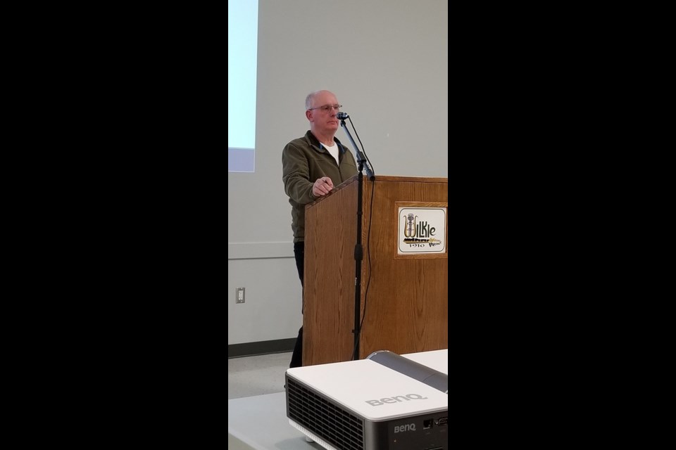 Wilkie Mayor, David Ziegler, addresses those in attendance at a public meeting held in Wilkie April 13.